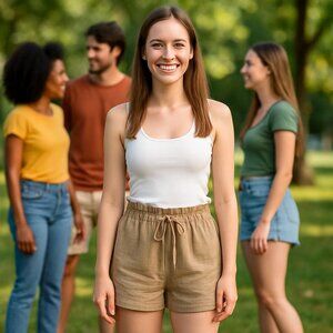 Womens Khaki Paperbag Waist Shorts With Drawstring Tie Large
